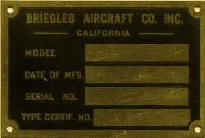 Original Briegleb Aircraft Co. Placard